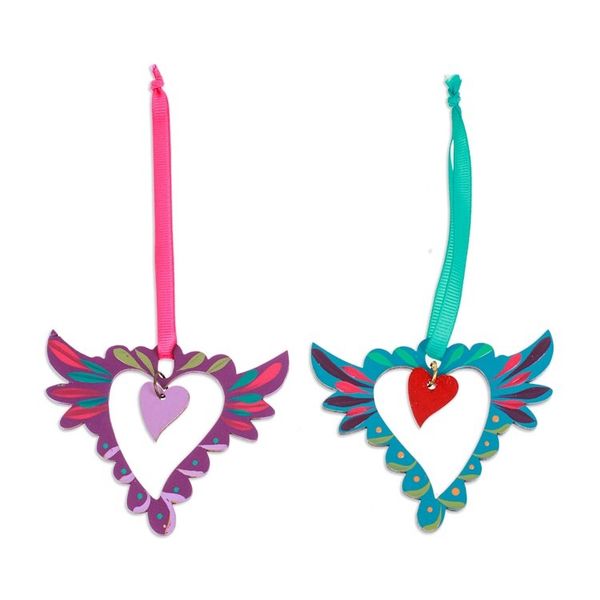 Alternate image for Pair of Hand-Painted Winged Heart Themed Wood Ornaments Winged Heart