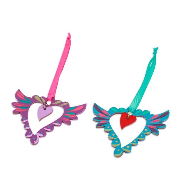 Alternate image for Pair of Hand-Painted Winged Heart Themed Wood Ornaments Winged Heart