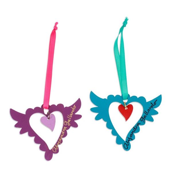 Alternate image for Pair of Hand-Painted Winged Heart Themed Wood Ornaments Winged Heart