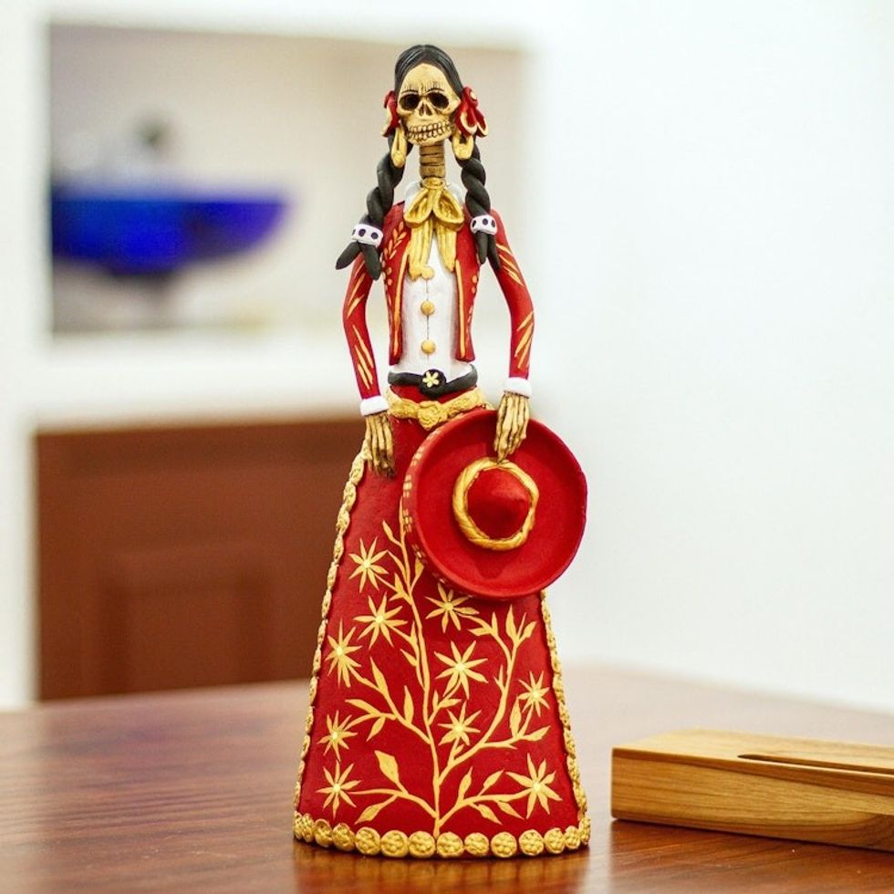 Red and Gold Charra Catrina Sculpture 'La Catrina Charra'