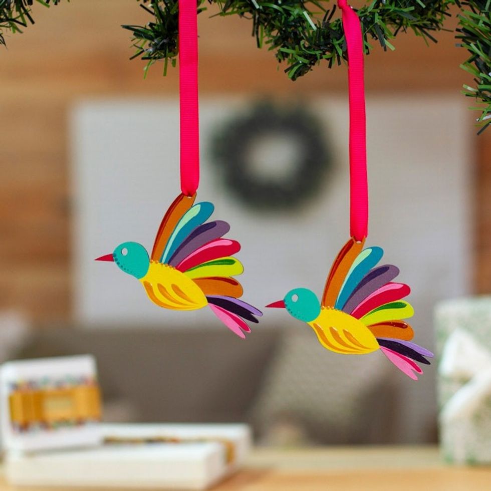 Hand-Painted Multicolor Wood Bird Ornament Pair with Ribbons 'Paradise Feathers'