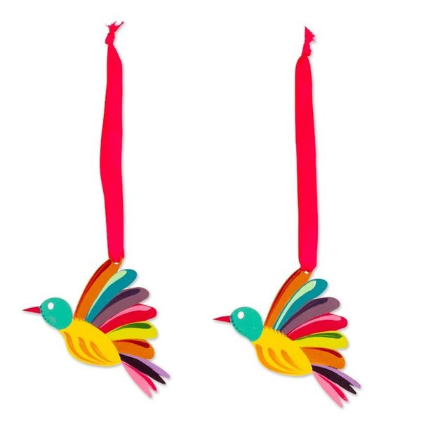 Alternate image for Hand-Painted Multicolor Wood Bird Ornament Pair with Ribbons Paradise Feathers