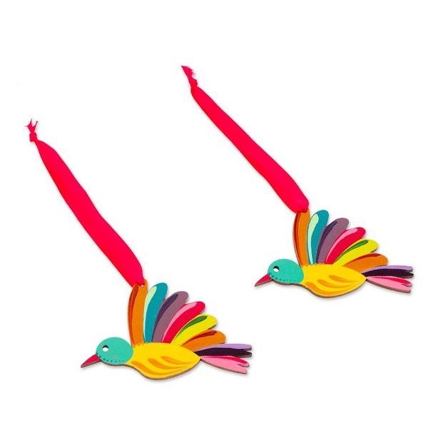 Alternate image for Hand-Painted Multicolor Wood Bird Ornament Pair with Ribbons Paradise Feathers