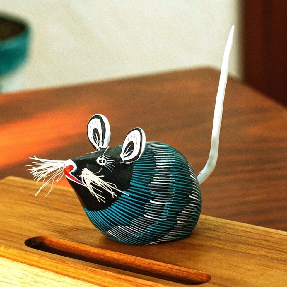 Turquoise and Black Mouse Alebrije Figure Signed by Artisans 'Little Black Mouse Perez'