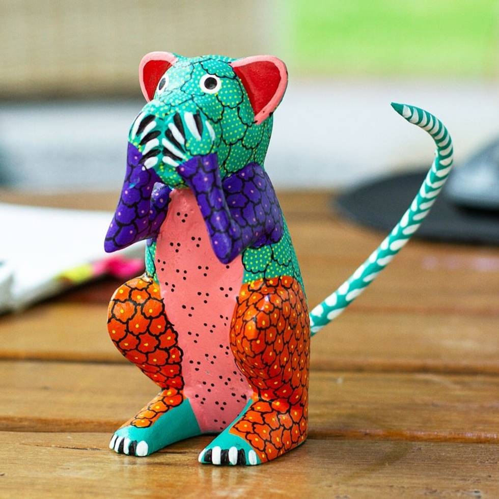 Hand-Carved and Hand-Painted Wood Monkey Alebrije Figurine 'Thrilled Monkey'