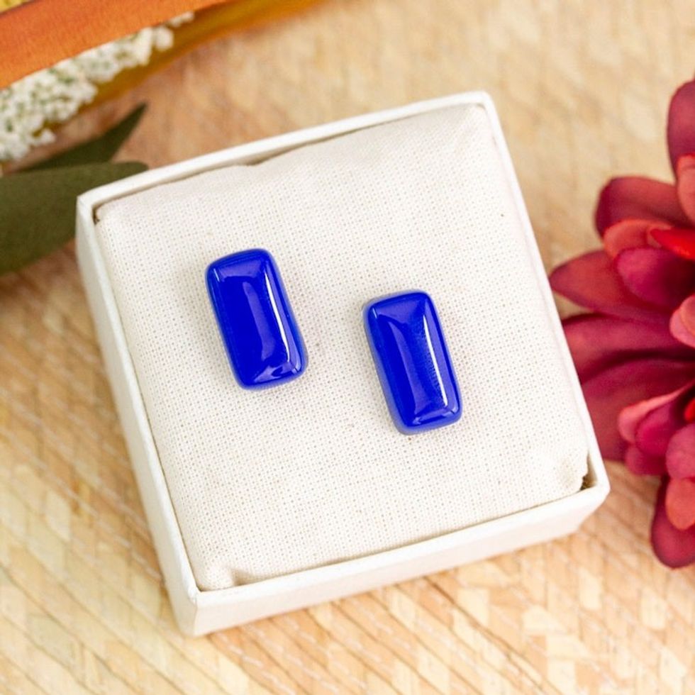 Modern Fused Art Glass Rectangular Button Earrings in Blue 'Lapis Geometry'
