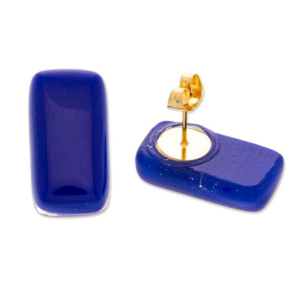 Alternate image for Modern Fused Art Glass Rectangular Button Earrings in Blue Lapis Geometry