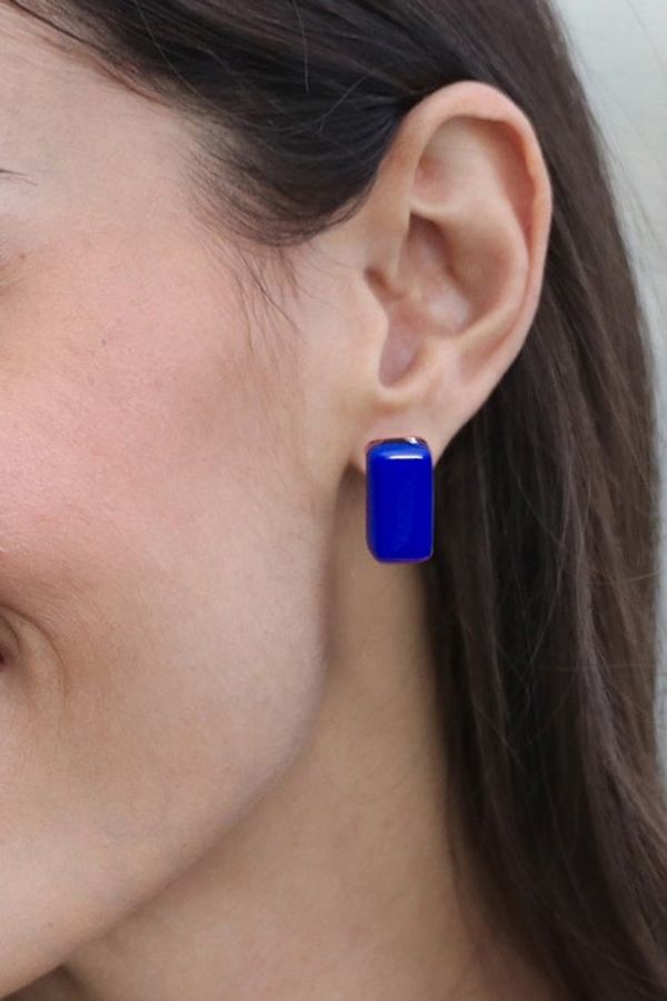 Alternate image for Modern Fused Art Glass Rectangular Button Earrings in Blue Lapis Geometry