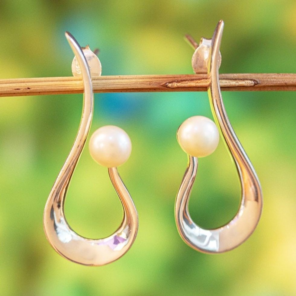 Modern Cultured Pearl Drop Earrings 'Scoop'