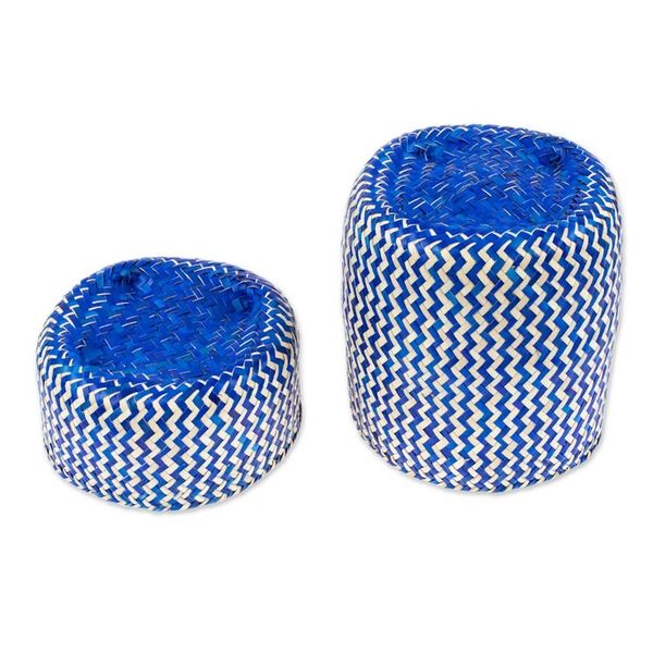 Alternate image for Blue Hand-Woven Palm Fiber Basket with Lid from Mexico Tiger in Blue