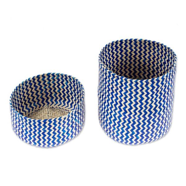 Alternate image for Blue Hand-Woven Palm Fiber Basket with Lid from Mexico Tiger in Blue