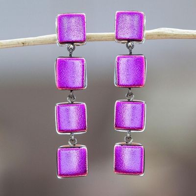 Alternate image for Fused Glass Dangle Earrings with Gold Accents in Fuchsia Dichroic Fuchsia