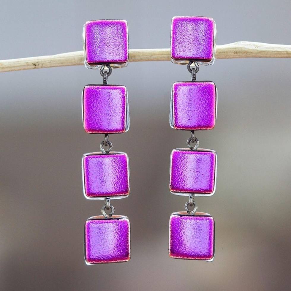 Fused Glass Dangle Earrings with Gold Accents in Fuchsia 'Dichroic Fuchsia'