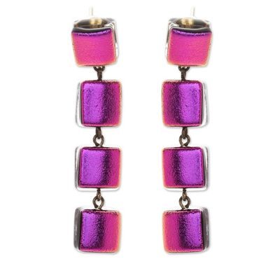 Alternate image for Fused Glass Dangle Earrings with Gold Accents in Fuchsia Dichroic Fuchsia