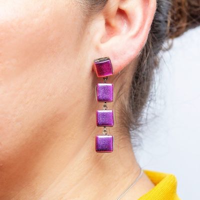 Alternate image for Fused Glass Dangle Earrings with Gold Accents in Fuchsia Dichroic Fuchsia