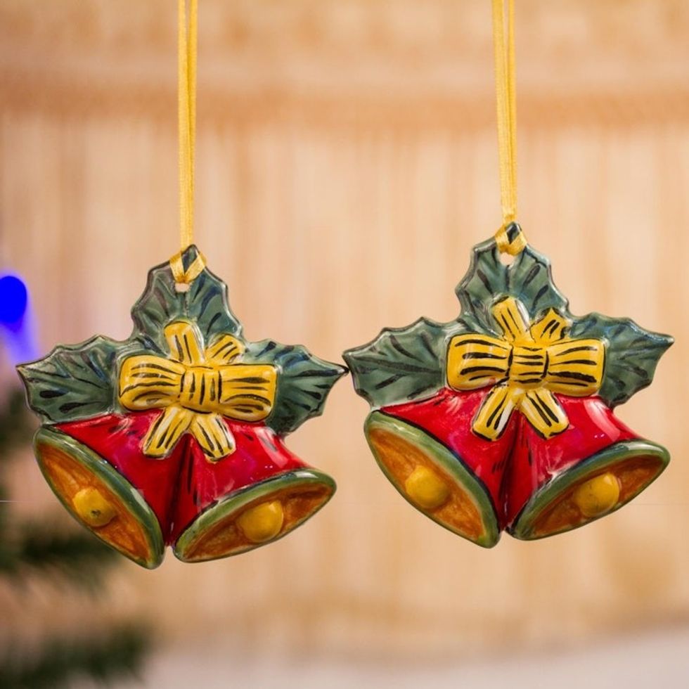 Hand-Painted Red and Yellow Ceramic Bell Ornaments Pair 'Passionate Bells'