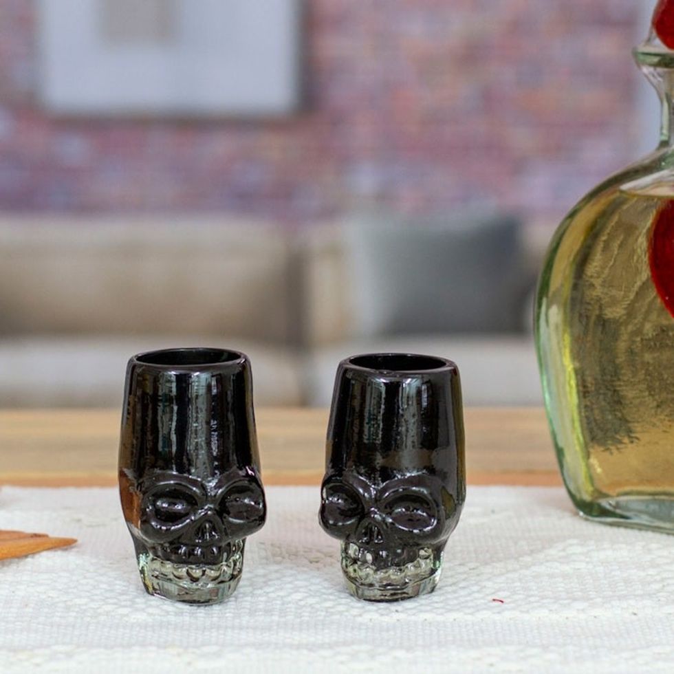 2 Handblown Recycled Glass Black Skull Tequila Glasses 'Black Mexican Skull'