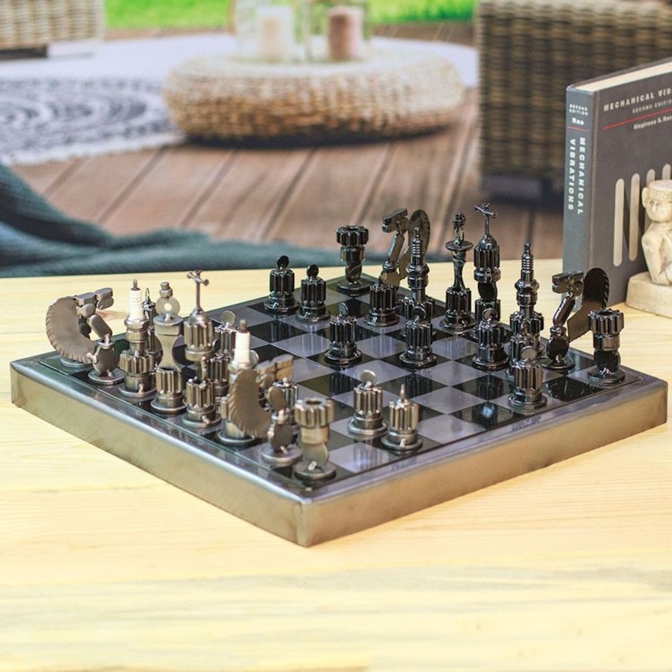 Mexican Artisan Crafted Recycled Metal Chess Set Game 'Rustic Pyramid'