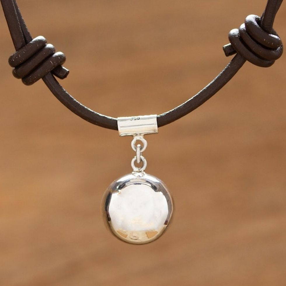 950 Silver Pendant on Leather Adjustable Cord from Mexico 'Metztli'