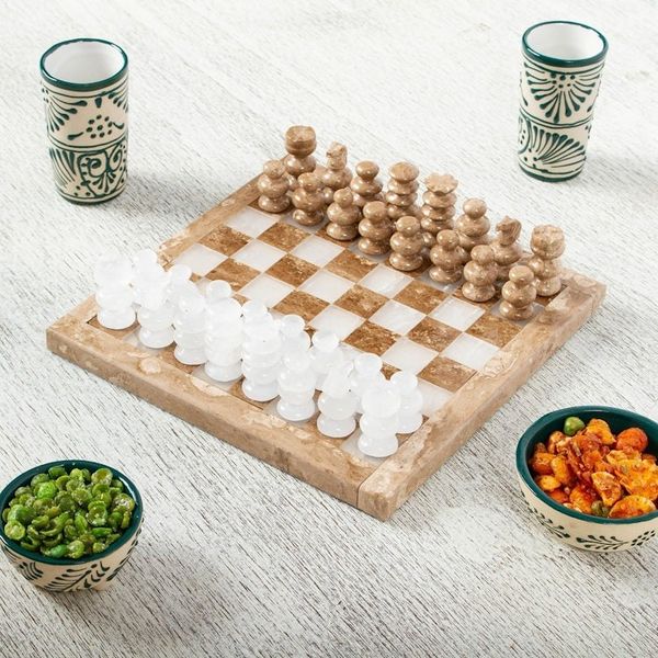 Alternate image for Onyx and Marble Chess Set in Brown and White 7.5 in. Brown and White Challenge