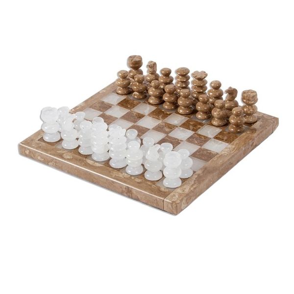 Alternate image for Onyx and Marble Chess Set in Brown and White 7.5 in. Brown and White Challenge