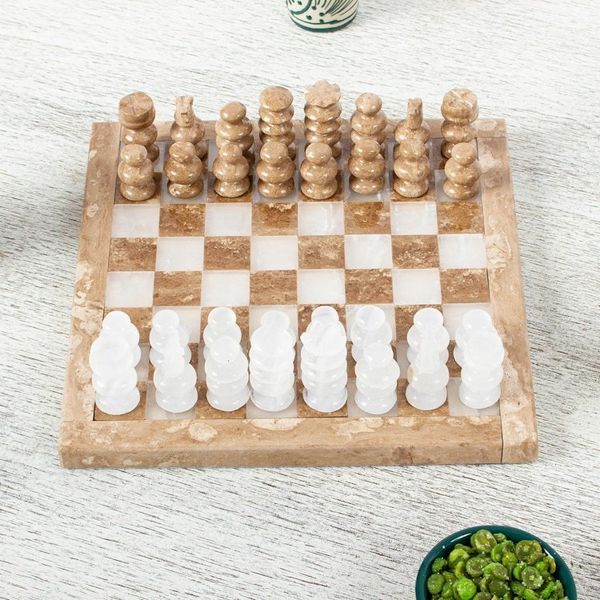 Alternate image for Onyx and Marble Chess Set in Brown and White 7.5 in. Brown and White Challenge