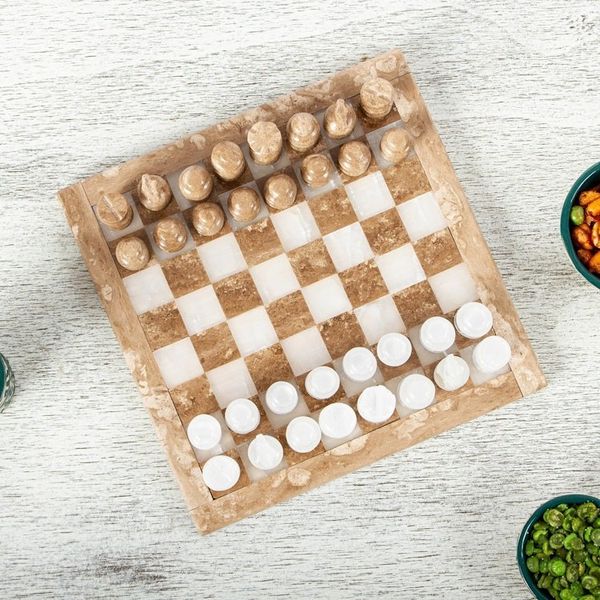 Alternate image for Onyx and Marble Chess Set in Brown and White 7.5 in. Brown and White Challenge