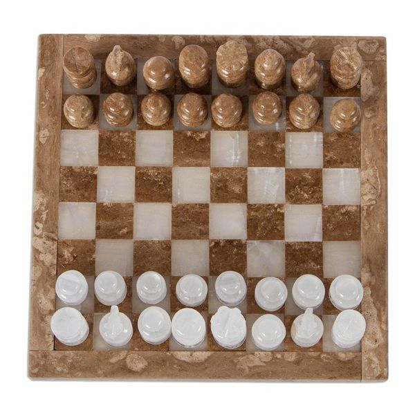 Alternate image for Onyx and Marble Chess Set in Brown and White 7.5 in. Brown and White Challenge