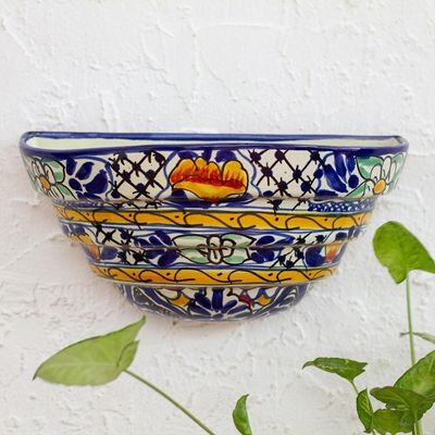 Alternate image for Mexican Half Round Talavera Style Ceramic Wall Planter Cobalt Flowers