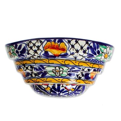 Alternate image for Mexican Half Round Talavera Style Ceramic Wall Planter Cobalt Flowers