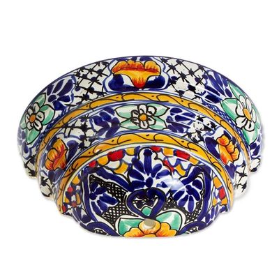 Alternate image for Mexican Half Round Talavera Style Ceramic Wall Planter Cobalt Flowers