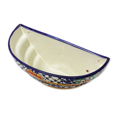 Alternate image for Mexican Half Round Talavera Style Ceramic Wall Planter Cobalt Flowers