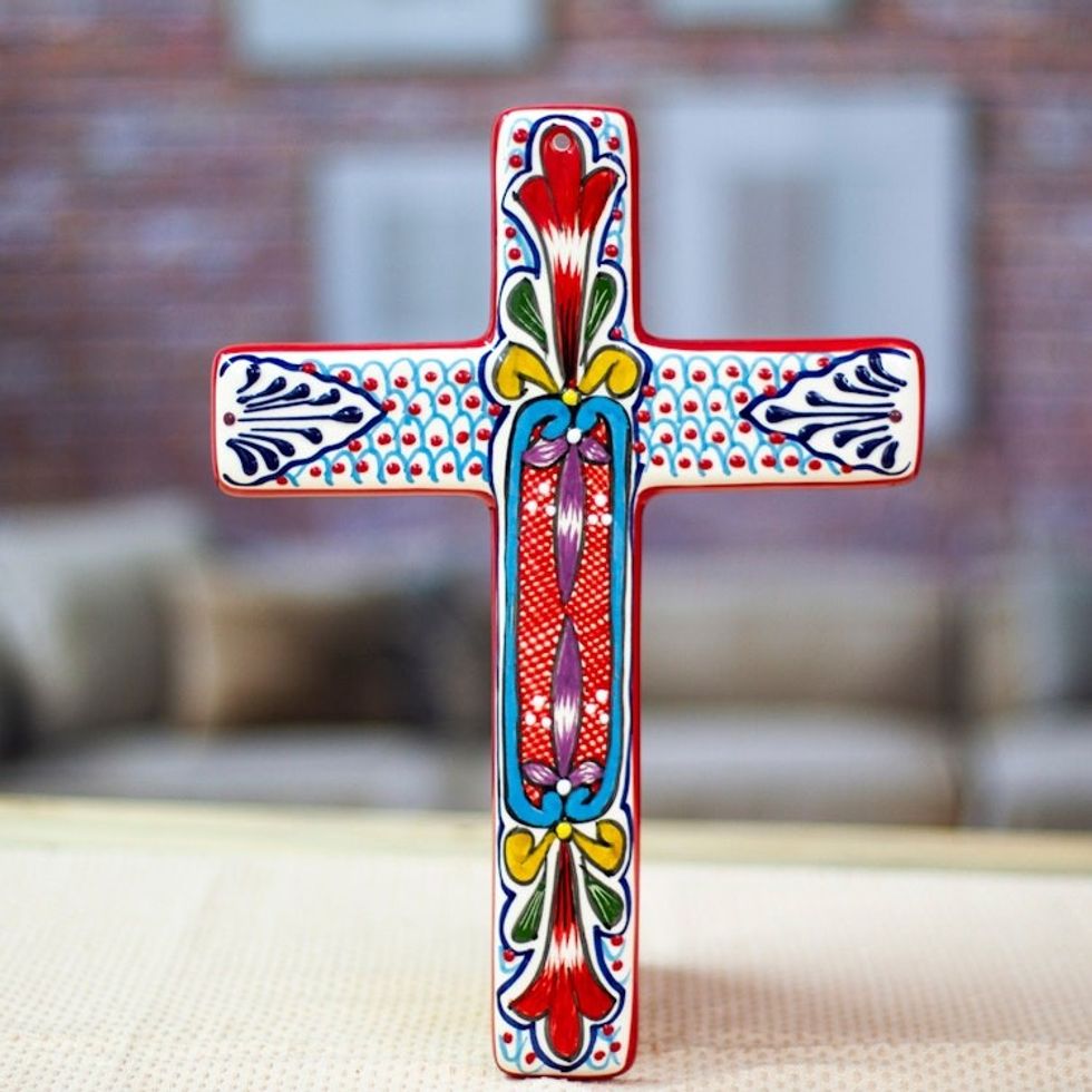 Ceramic Wall Cross with Multicolored Motifs from Mexico 'Red Lily'