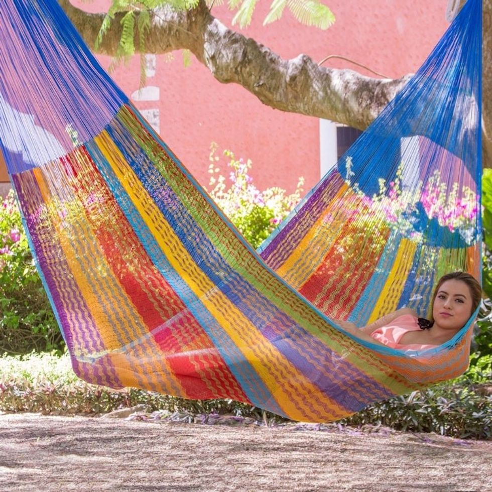 Hand Crafted Multi-Color Striped Nylon Double-Sized Hammock 'Beach Breeze'