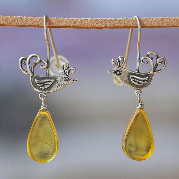 Alternate image for Mexican Sterling Silver Bird Earrings with Amber Droplets Flirty Birds