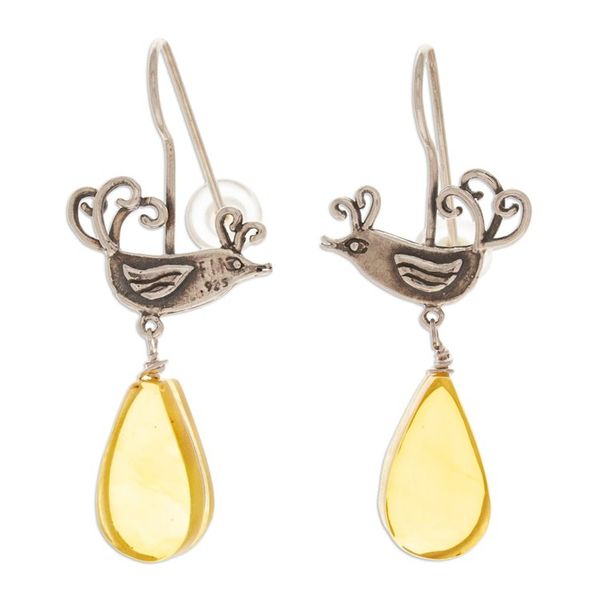 Alternate image for Mexican Sterling Silver Bird Earrings with Amber Droplets Flirty Birds