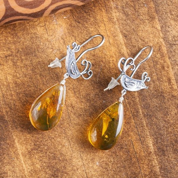 Alternate image for Mexican Sterling Silver Bird Earrings with Amber Droplets Flirty Birds