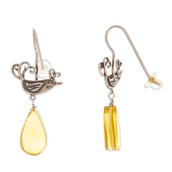 Alternate image for Mexican Sterling Silver Bird Earrings with Amber Droplets Flirty Birds