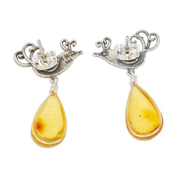 Alternate image for Mexican Sterling Silver Bird Earrings with Amber Droplets Flirty Birds