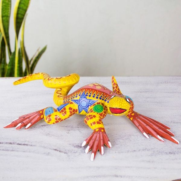 Alternate image for Hand Crafted Mexican Folk Art Yellow Lizard Sculpture Rainbow Iguana