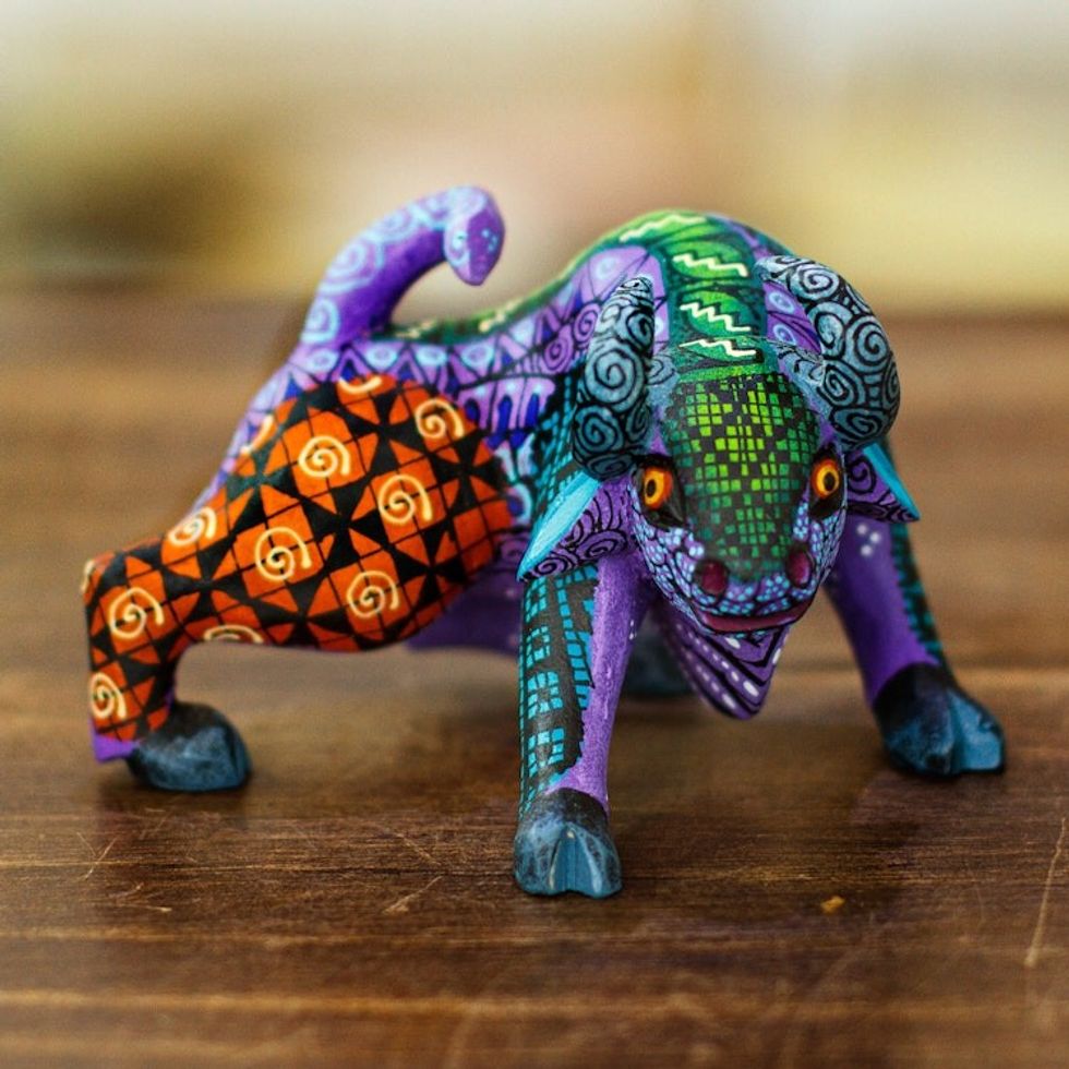 Hand-Painted Wood Bull Alebrije Figurine in Purple Orange 'Little Purple Bull'