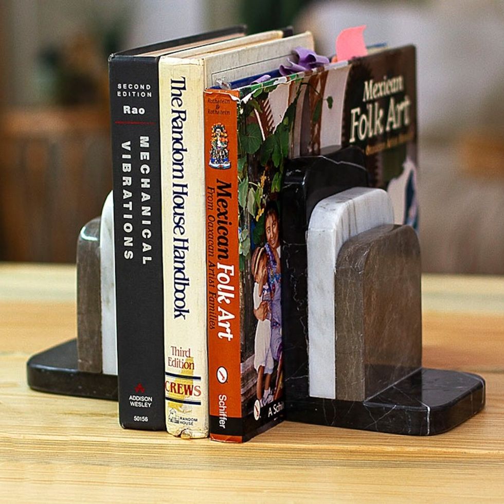 Minimalist Handcrafted Tricolor Natural Marble Bookend Pair 'Illustrious Trio'