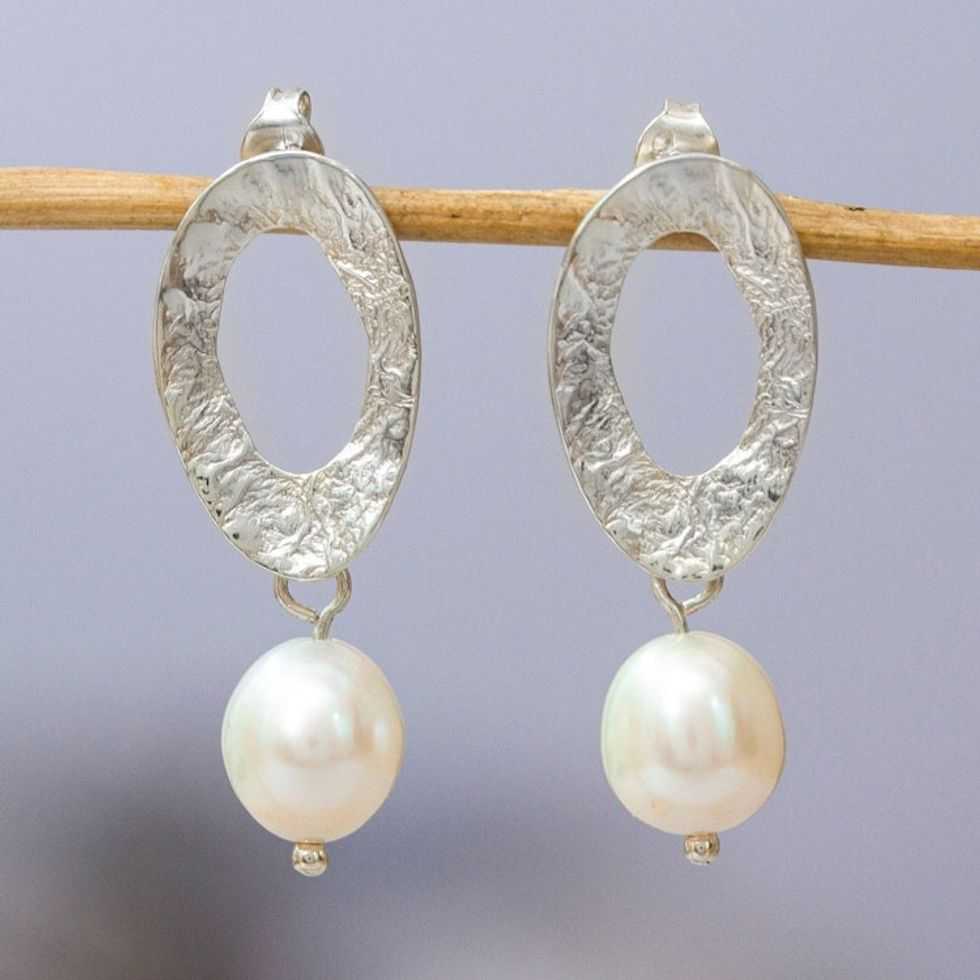 Cultured Pearl and Matte Sterling Silver Dangle Earrings 'Cycle of Pearls'