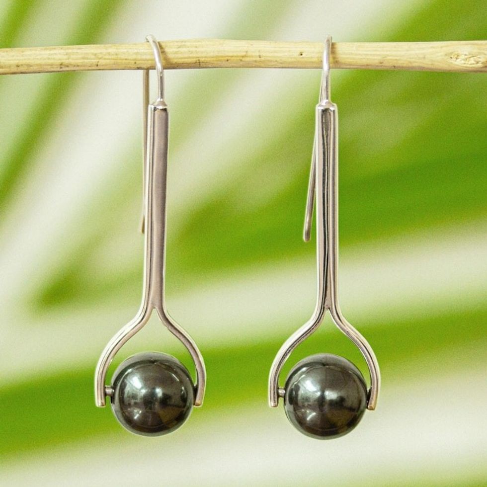 Modern Obsidian Drop Earrings from Mexico 'Obsidian Pendulum'