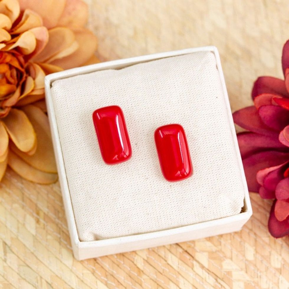 Handmade Rectangular Fused Art Glass Button Earrings in Red 'Crimson Geometry'