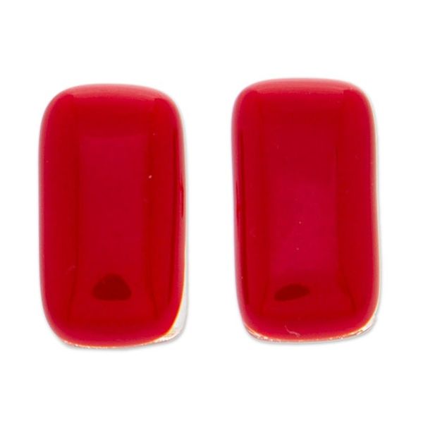 Alternate image for Handmade Rectangular Fused Art Glass Button Earrings in Red Crimson Geometry