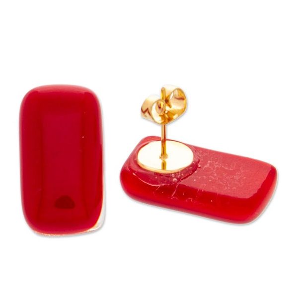 Alternate image for Handmade Rectangular Fused Art Glass Button Earrings in Red Crimson Geometry