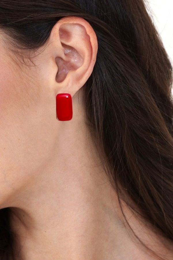 Alternate image for Handmade Rectangular Fused Art Glass Button Earrings in Red Crimson Geometry