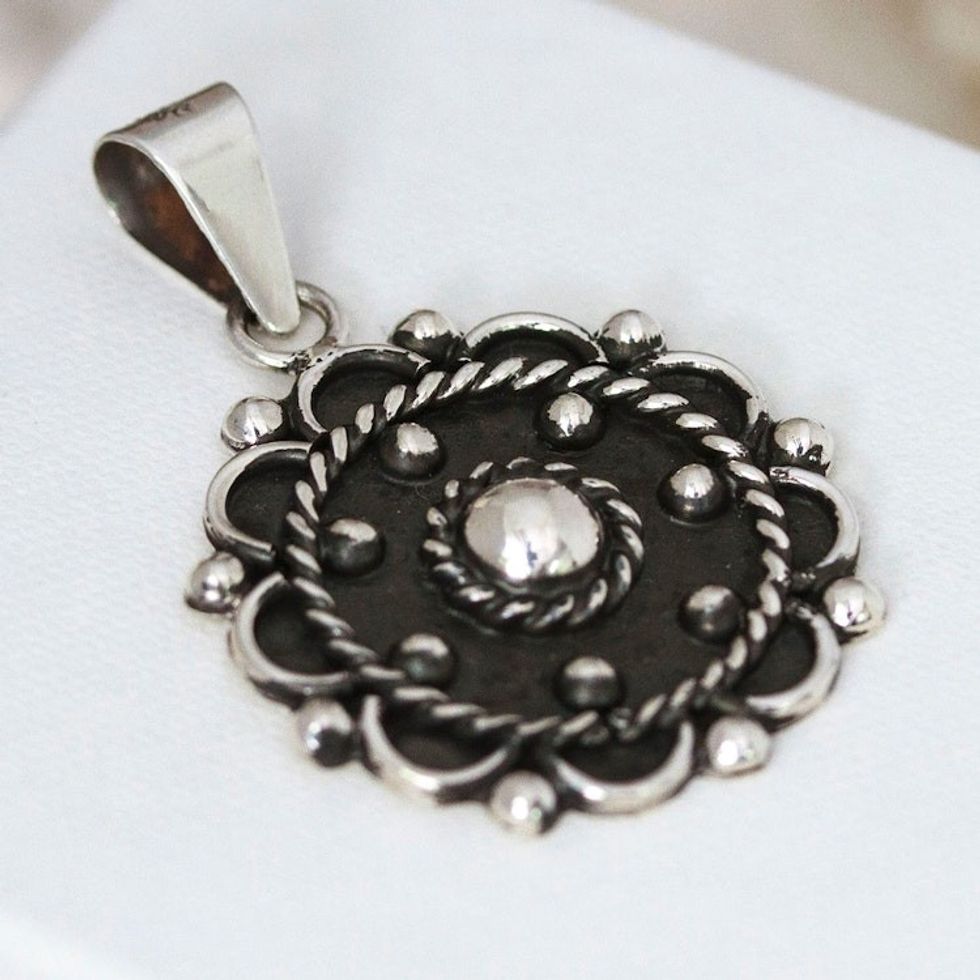 Oxidized Floral Taxco Sterling Silver Pendant from Mexico 'Baroque Spring'