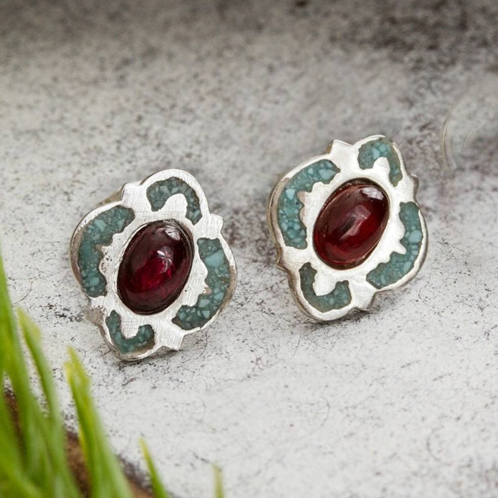 Garnet and Recon. Turquoise Stud Earrings from Mexico 'Nocturnal Gala'